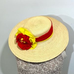 Ladies Summer 100% palm leaves hat, handcrafted, red yellow fantasy flower 53